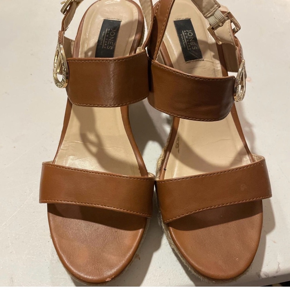 Jones New York Tan Leather Ankle-Strap Wedge Espadrille Sandals